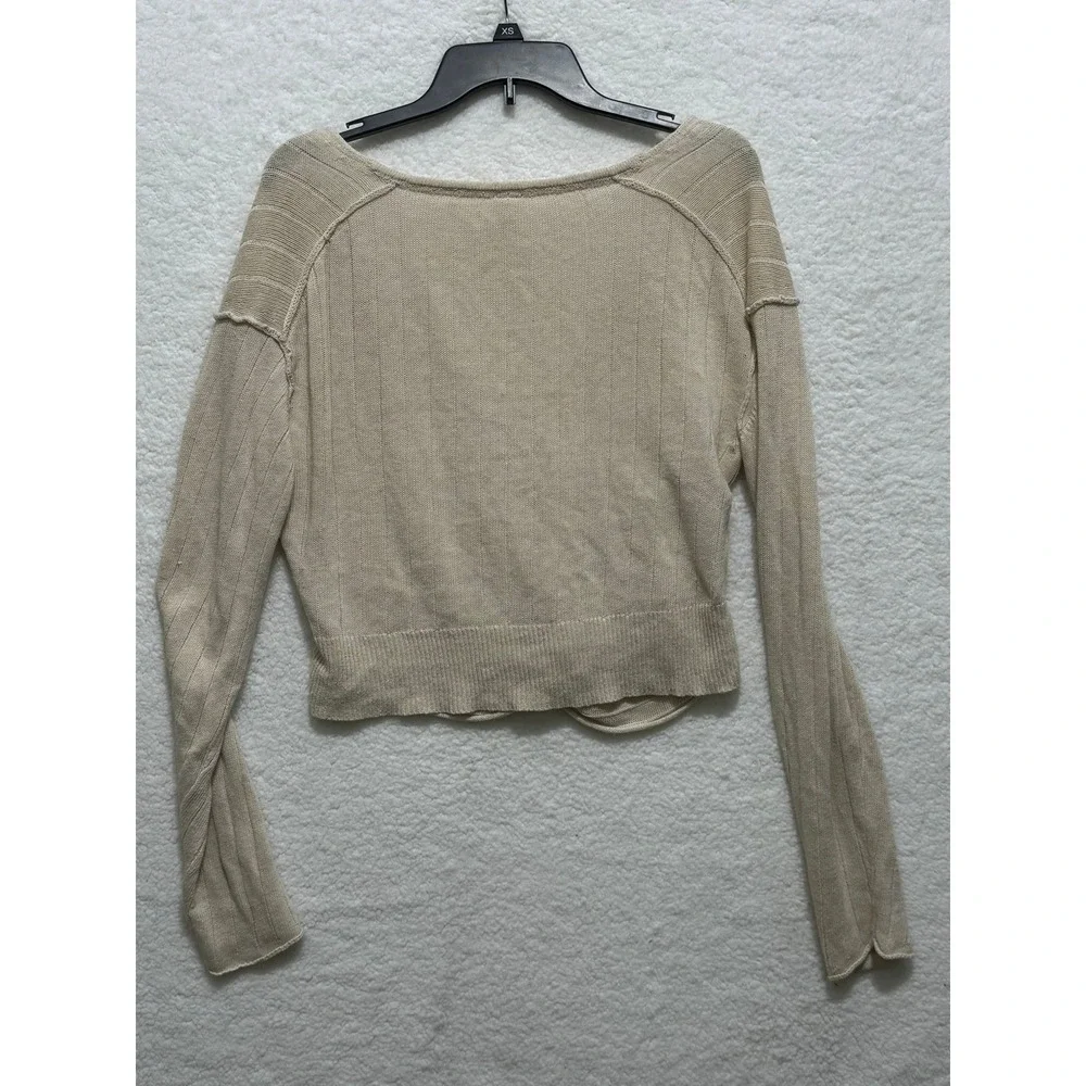 Free People Knot Front Long Sleeve Top Ribbed Knit‎ Crop Beige Medium